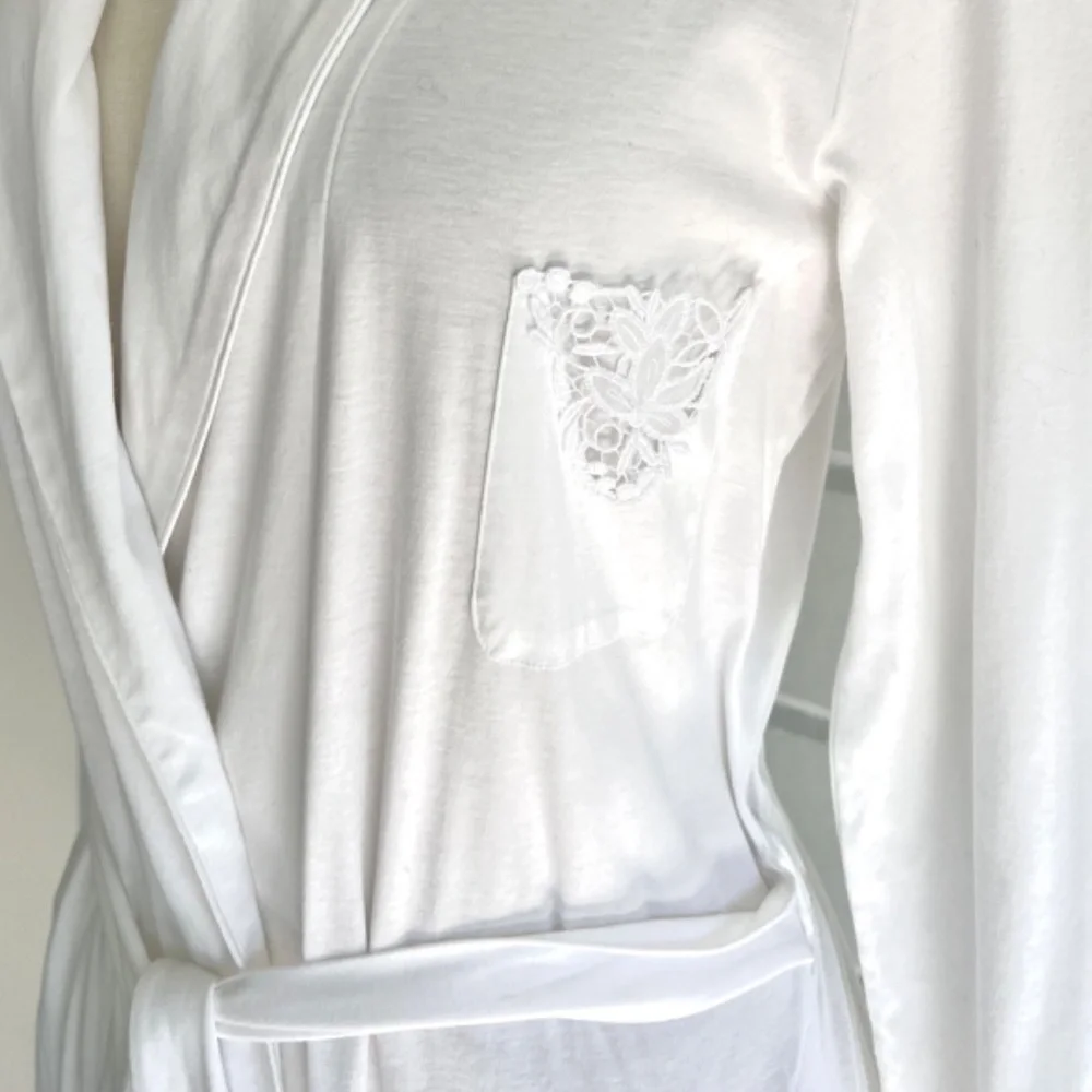 HANRO 100% Mercerized Cotton Shawl Collar Wrap Robe w/Lace Pocket Detail - XS